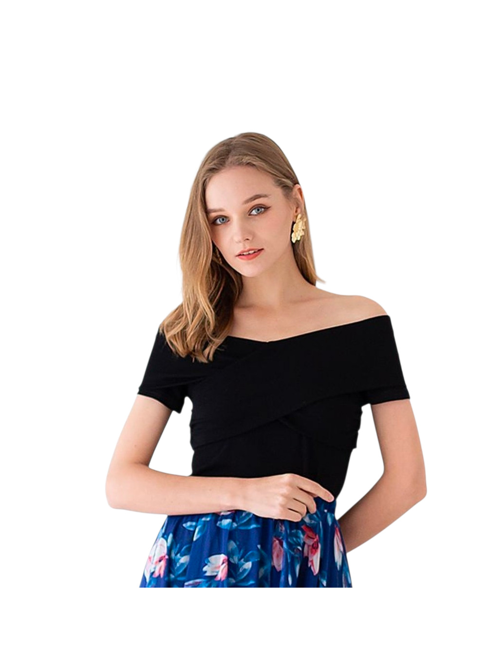 NWOT Women's ChicWish Black Off the Shoulder Wrap Look Crop Top | Size Small